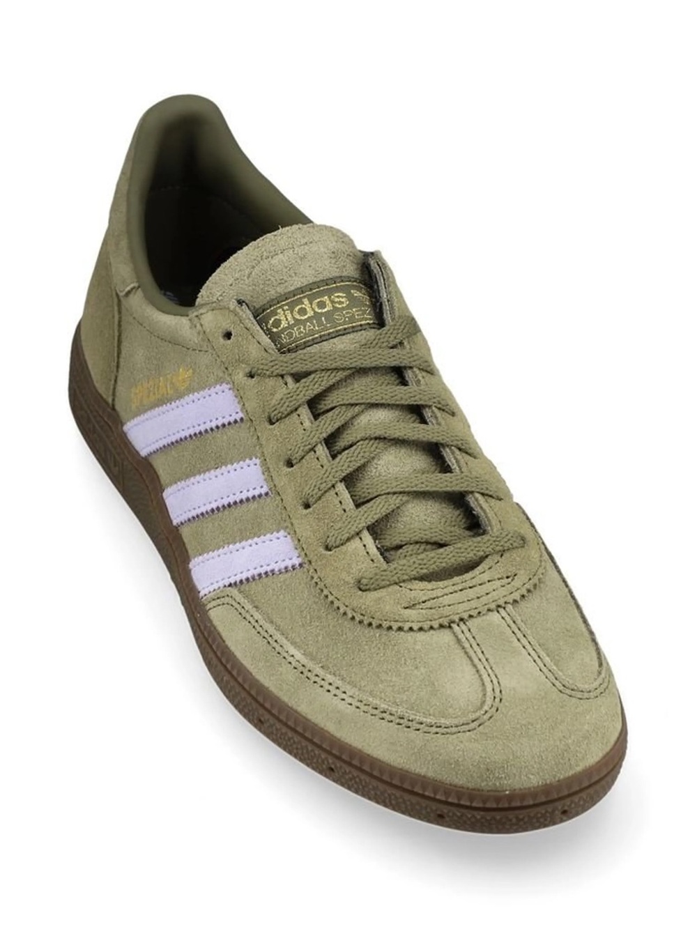 NWT Adidas Handball Spezial Olive Suede Sneakers with Light Purple Stripes